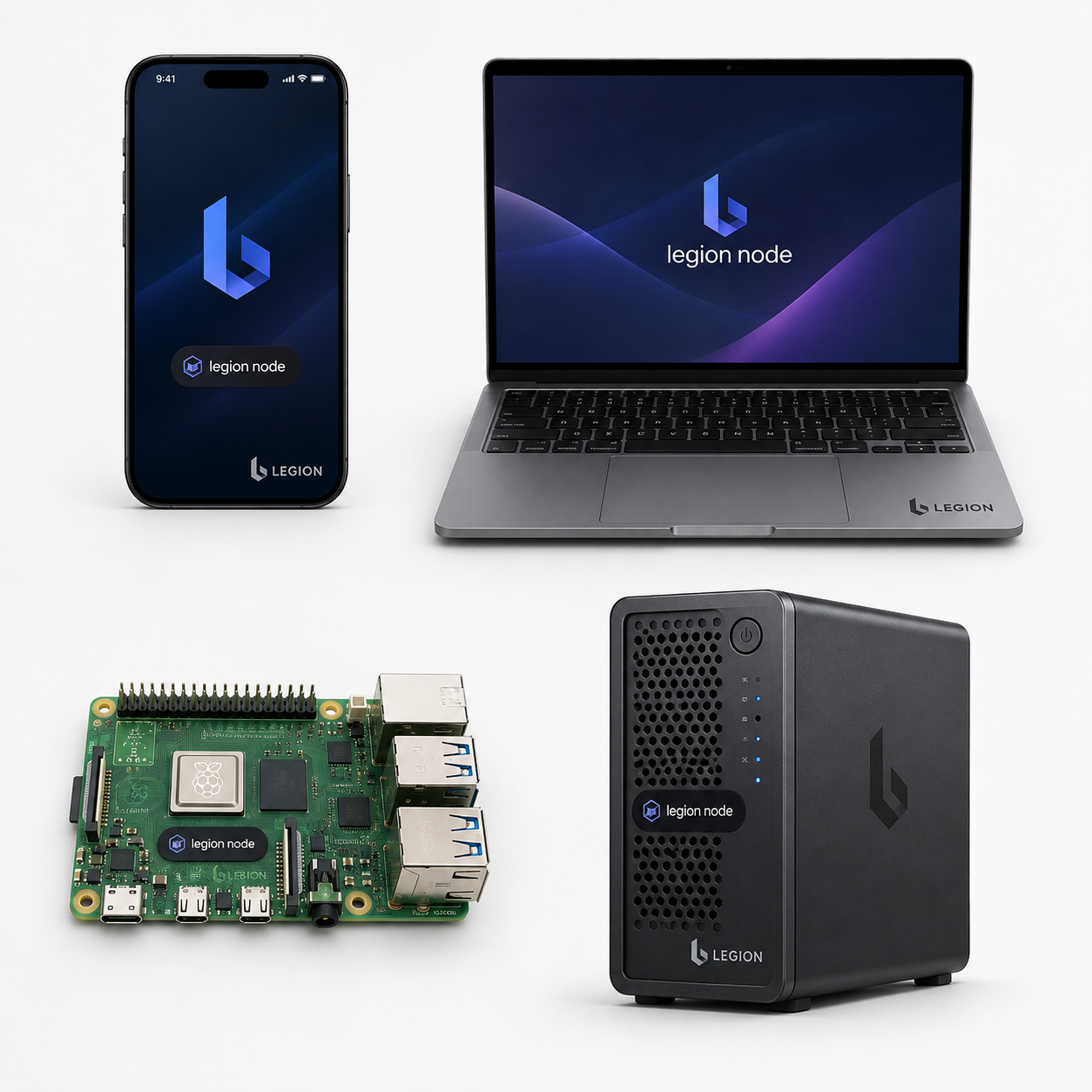 Hardware collage: The many shapes a Legion node can take — phone, laptop, Raspberry Pi or cloud server.