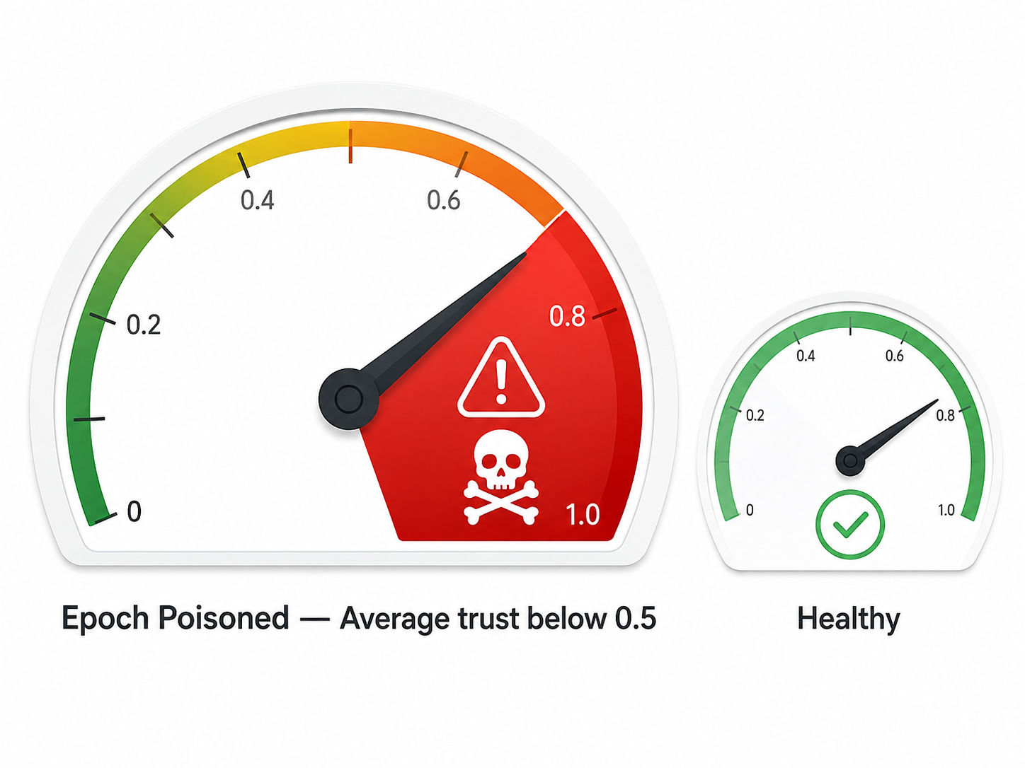 Health check illustration: A poisoned epoch: average trust has fallen below the safe threshold.